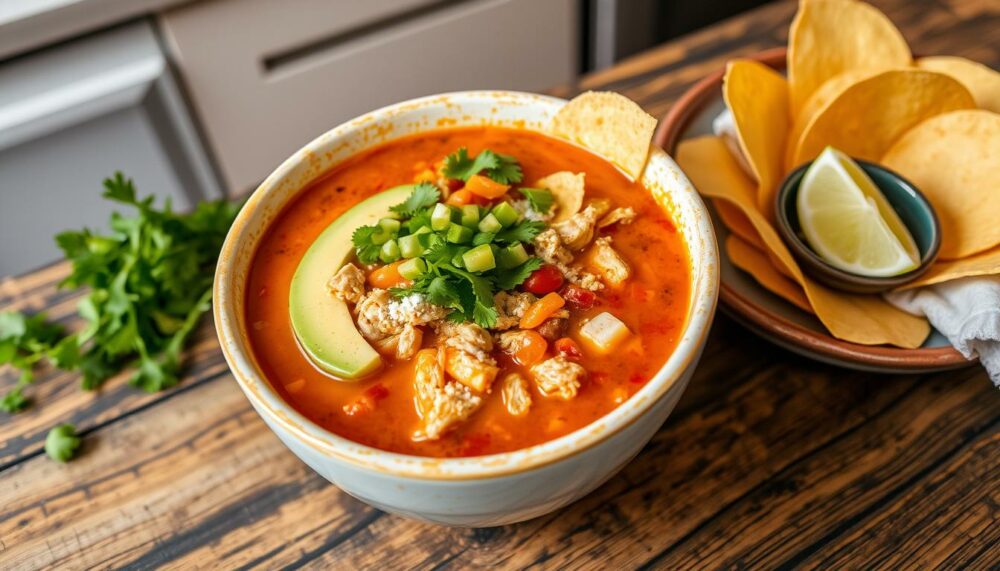 serving chicken tortilla soup with toppings and sides